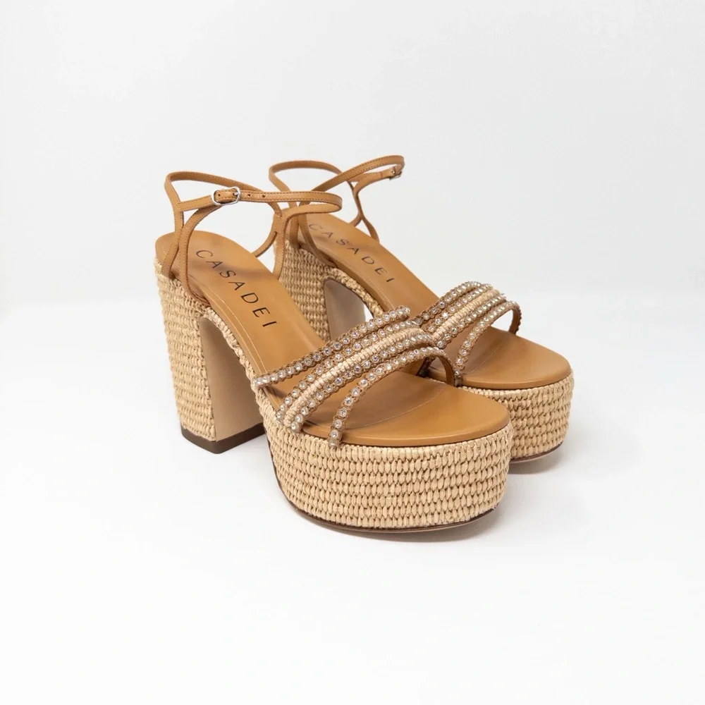NEW Casadei Limelight Platform Sandals (Sz 38.5) Chunky Heel Crystal Raffia